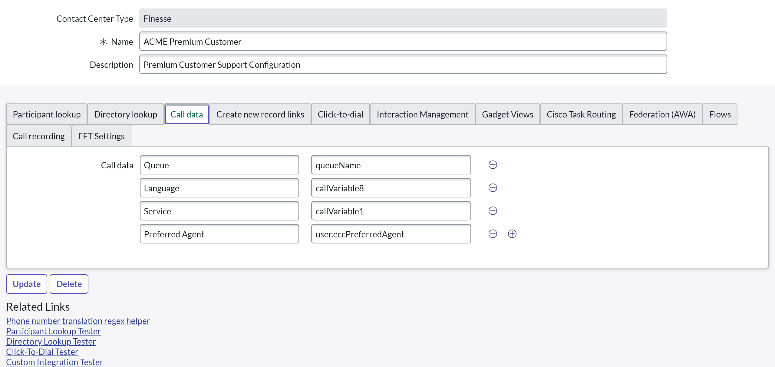 Call data configuration Call data configuration