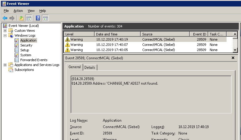 Windows Event Log entry of the ConnectMCAL