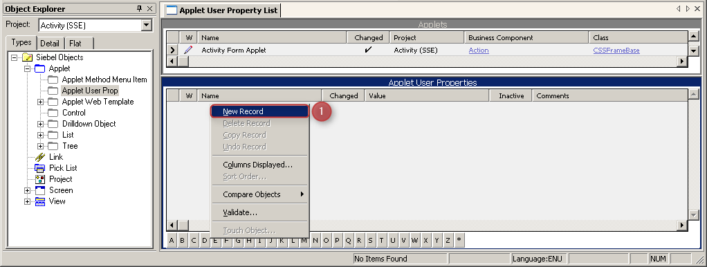 Siebel Tools Applet User Properties - New Record Siebel Tools Applet User Properties - New Record